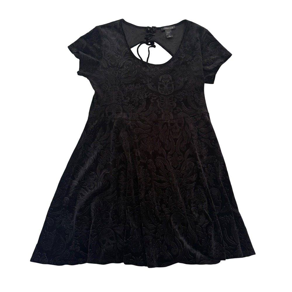 Midnight Hour Black Velvet Skull Damask Skater Dress XXL Whimsigoth Fairy Grunge